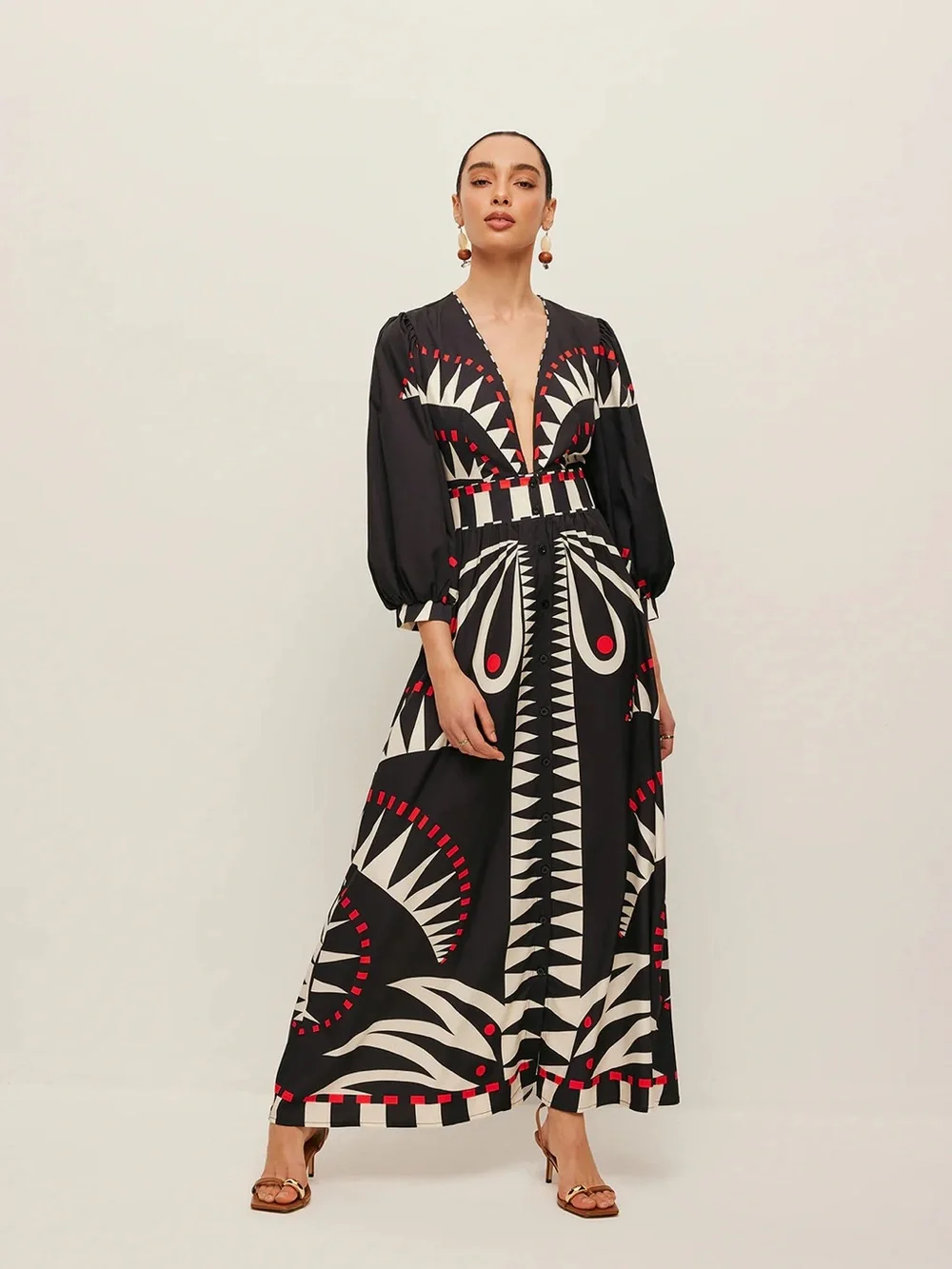COMMENSE Boho Print V-Neck Split Dress - size Medium - Picture 4 of 8